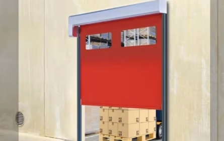 Puerta de garaje rápida roja con sistema de apertura automática.