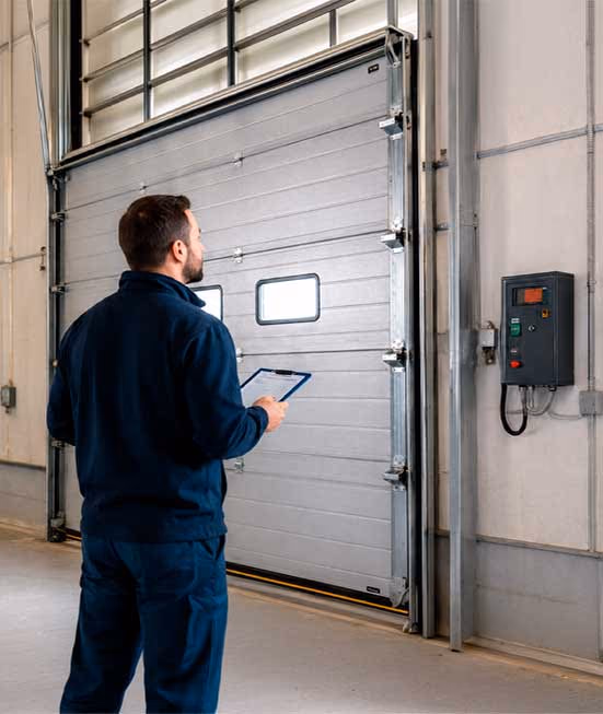 Técnico revisando una puerta seccional industrial